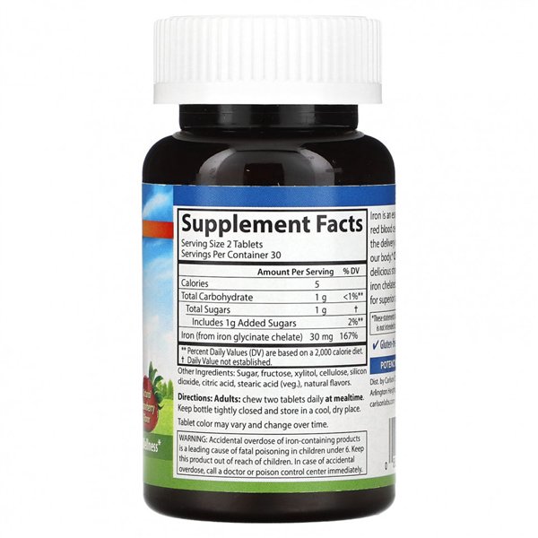 Košļājamās dzelzs tabletes, 30 mg zemeņu garšas - 60 tabletes