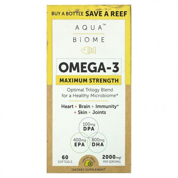 „Aqua Biome Omega-3“ maksimalios stiprybės, 2000 mg (citrinų) – 60 minkštųjų kapsulių