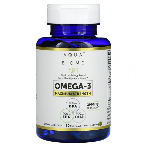 Aqua Biome Omega-3 Maximum Strength, 2000 mg (sitruuna) - 60 pehmeäkapselia