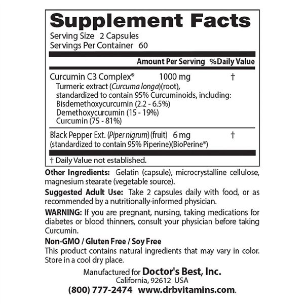 Didelės absorbcijos kurkuminas iš ciberžolės šaknies su C3 kompleksu ir bioperinu, 500 mg - 120 kapsulių