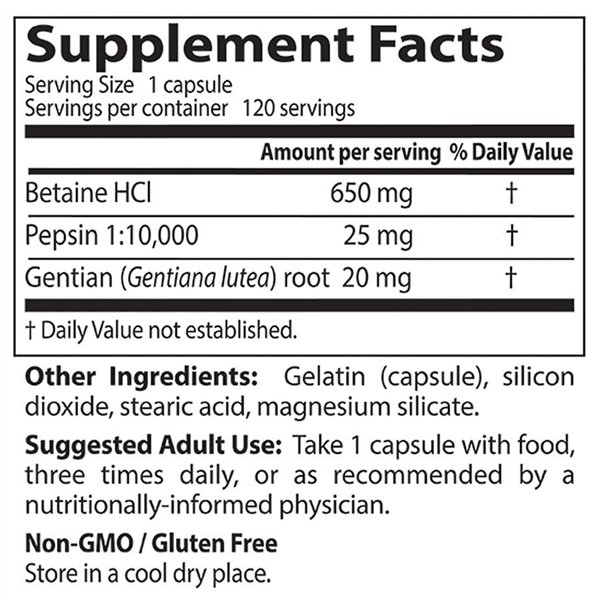 Betaine HCl Pepsin & Gentian Bitters - 120 caps