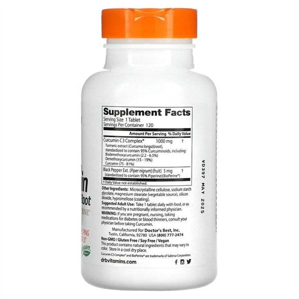 High Absorption Curcumin From Turmeric Root with C3 Complex & BioPerine, 1000mg - 120 tablets