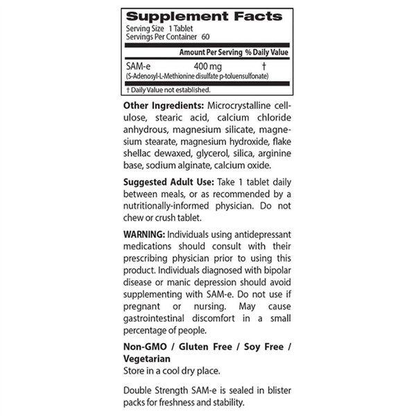  SAM-e, 400 mg dubultas iedarbības - 60 tabletes
