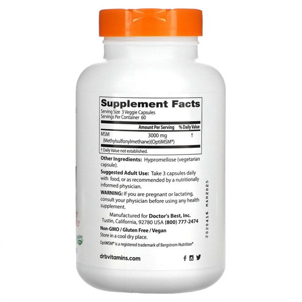 MSM OptiMSM:llä, vegaaninen, 1000 mg - 180 v-kapselia