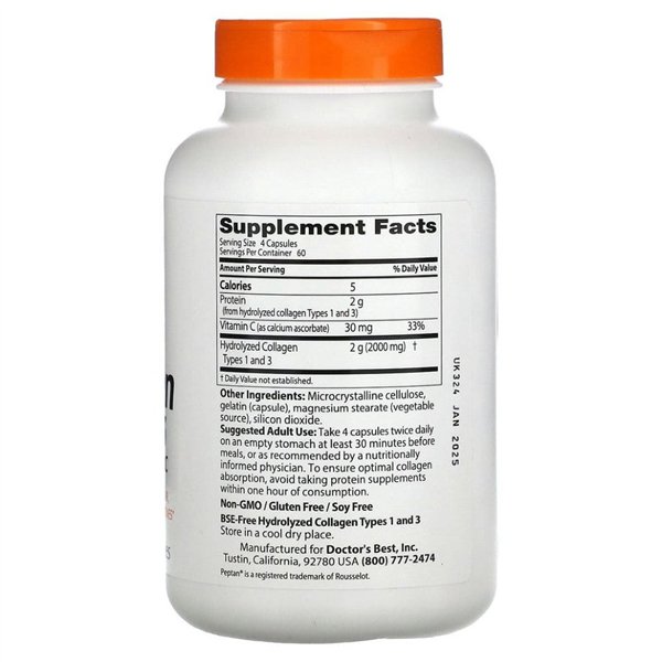 1 ir 3 tipų kolagenas su Peptanu ir vitaminu C, 500 mg - 240 kapsulių