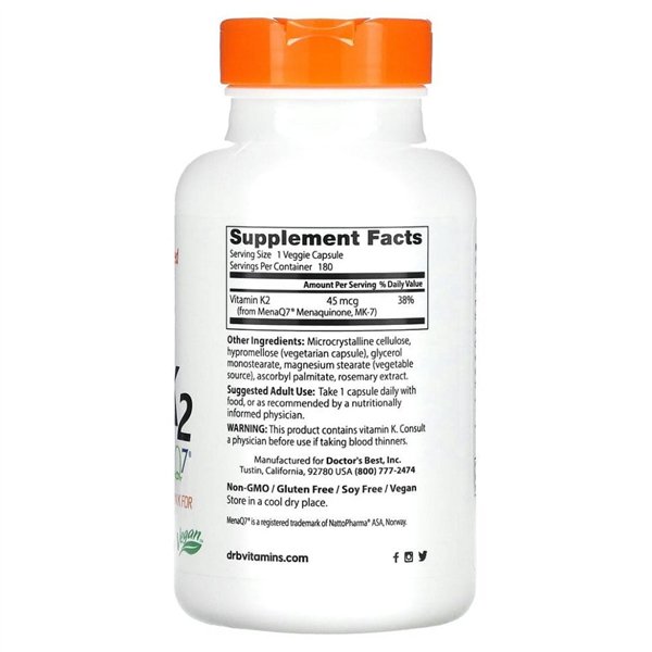 Natural Vitamin K2 MK7 with MenaQ7, 45mcg - 180 vcaps