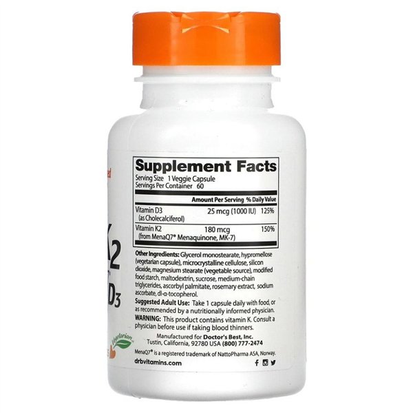 Dabīgais K2 MK7 vitamīns ar MenaQ7 un D3, 180 mcg - 60 v-kapsulas