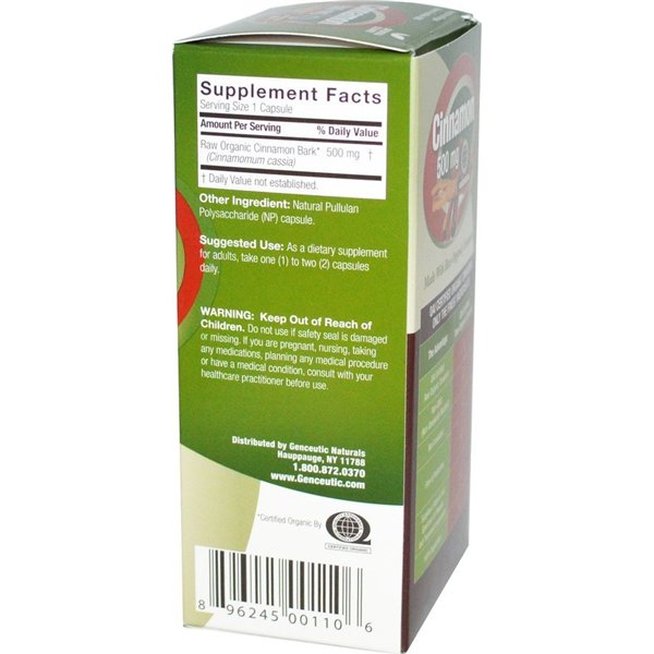 „Genceutic Naturals“ cinamonas, 500 mg – 60 v kapsulių