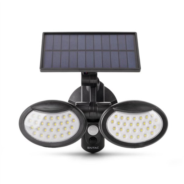 „Entac“ saulės energija varomas plastikinis sieninis šviestuvas, 10 W, SMD, 2 galvučių, su PIR jutikliu