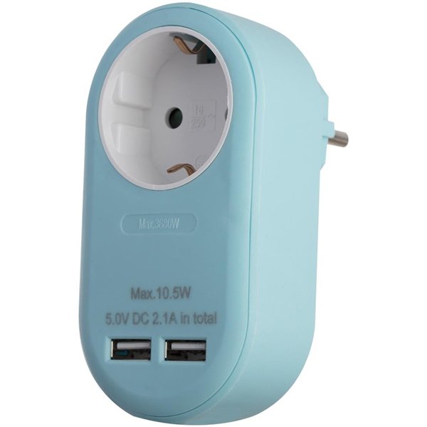 Entac Power Adapter 1 Grounded Socket and 2 USB (total 2.1A) Blue