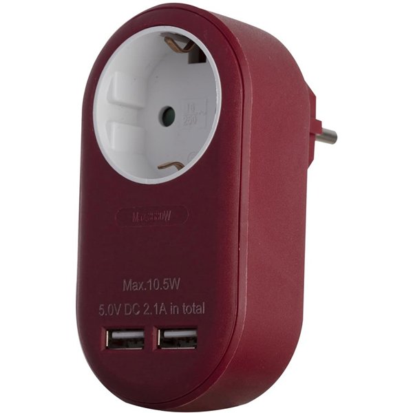 Entac Power Adapter 1 Grounded Socket and 2 USB (total 2.1A) Burgundy