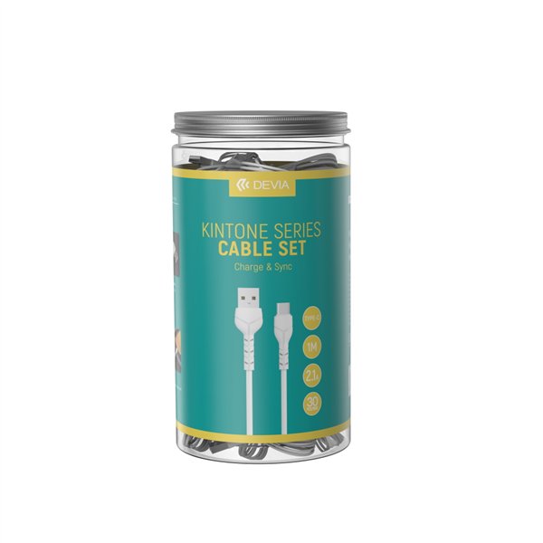Devia kaapeli Kintone V2 EC305 USB - USB-C 1,0 m 2,1A valkoinen setti 30 kpl