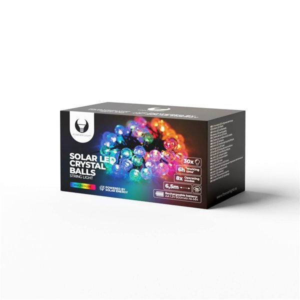 Aurinkokäyttöinen LED-valoketju, kristallipallot SCB61, 6,5 m, 30 palloa, monivärinen, Forever Light