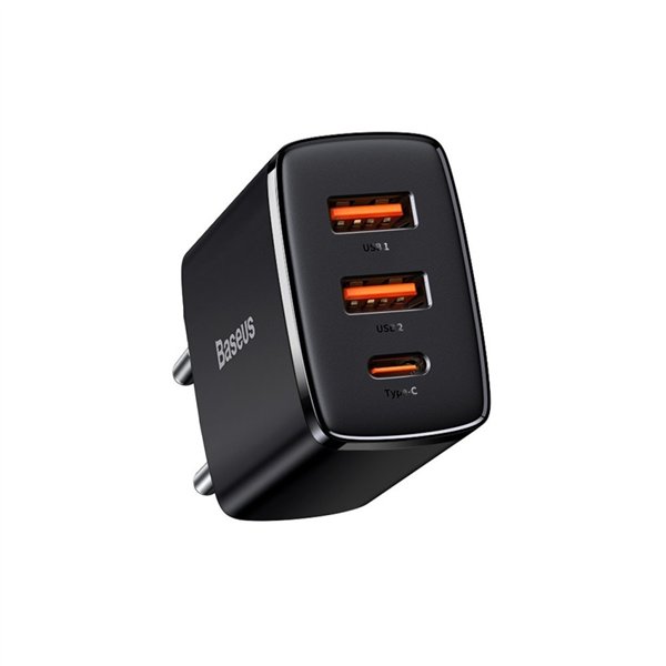 Baseus-seinälaturi Compact PD 30W 1x USB-C 2x USB musta