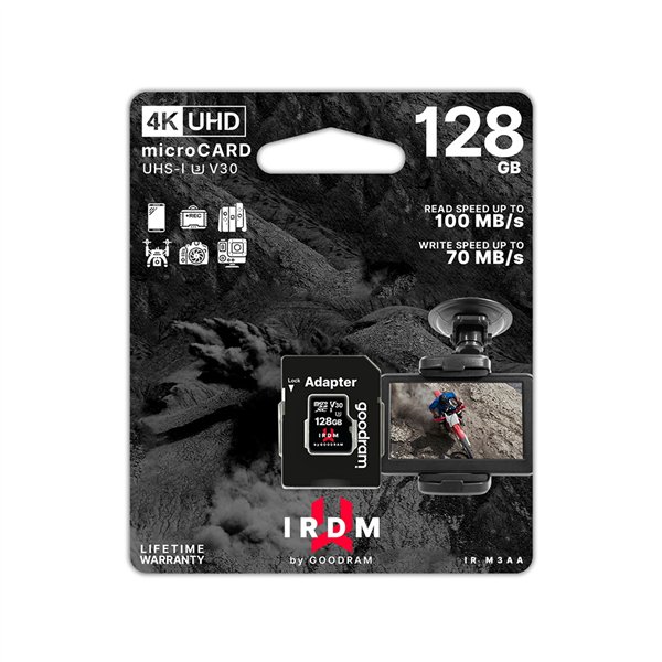 GoodRam IRDM 128GB microSD UHS-I U3 V30 -muistikortti adapterilla