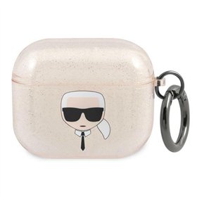 Karl Lagerfeld dėklas, skirtas AirPods 3 ausinėms, KLA3UKHGD, auksinis, blizgučiais puoštas Karl's Head.