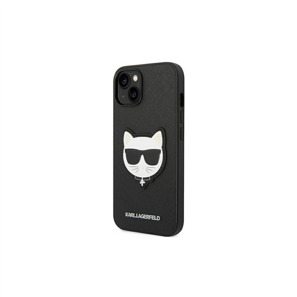 Karl Lagerfeld -kotelo iPhone 14 Pro 6,1":lle KLHCP14LSAPCHK musta PU Saffiano -kotelo Choupette-pääkoristeella