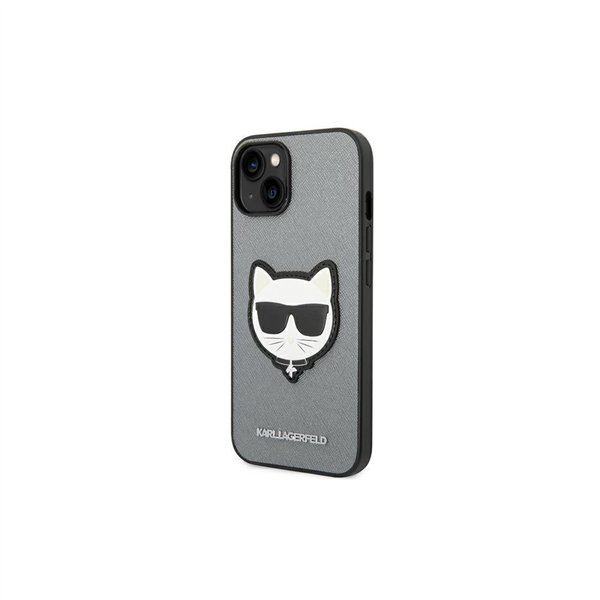 Чехол Karl Lagerfeld для iPhone 14 Plus 6,7" KLHCP14MSAPCHG, серебристый, из искусственной кожи Saffiano, с нашивкой в виде голо