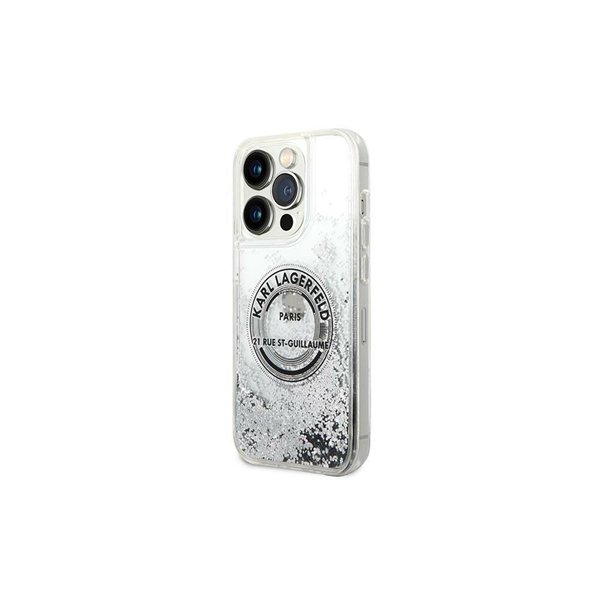 Karl Lagerfeld iPhone 14 Pro 6.1" KLHCP14LLCRSGRS -suojakuori, hopeinen, Liquid Glitter RSG -kovakuori