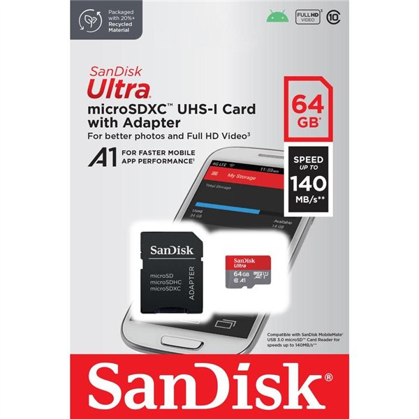 SanDisk Ultra Android microSDXC 64GB 140MB/s A1 Cl.10 UHS-I atminties kortelė + adapteris