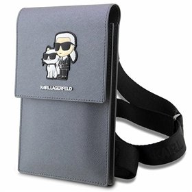 Karl Lagerfeld rankinė telefonui KLWBSAKCPMG sidabrinis kietas dėklas Phone Pouch Universal Saffiano K&C NFT