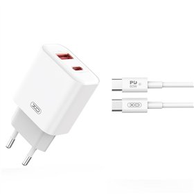 XO-seinälaturi CE12 PD QC3.0 20W 1x USB 1x USB-C valkoinen + USB-C - USB-C -kaapeli
