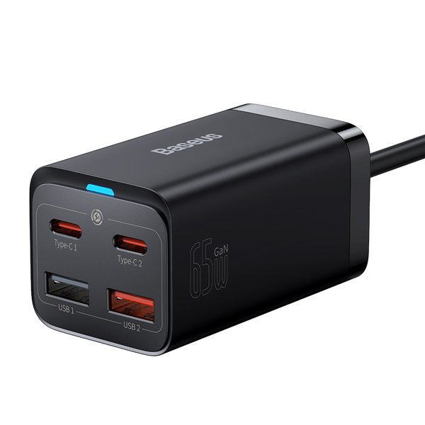 Baseus-seinälaturi GaN3 Pro PD 65W 2x USB-C 2x USB musta + USB-C - USB-C -kaapeli