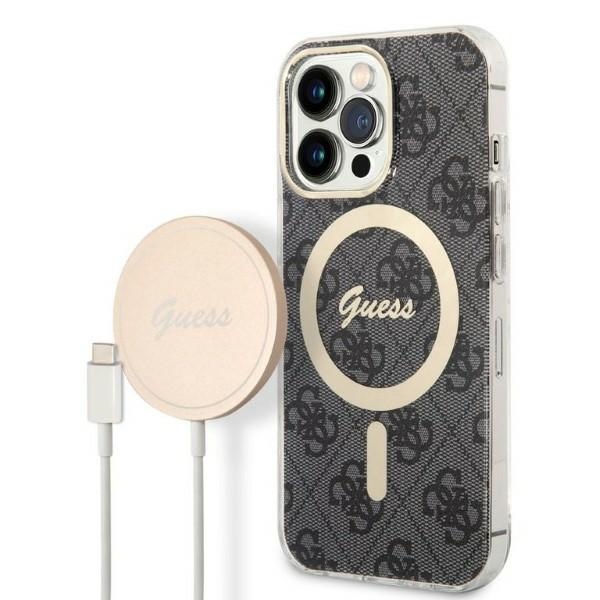 „Guess“ iPhone 13 Pro 6,1 colio dėklo ir įkroviklio rinkinys GUBPP13LH4EACSK juodas kietas dėklas 4G su spausdinimu, „MagSafe“