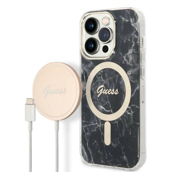 Guess set case + charger for iPhone 14 Pro Max 6,7&quot GUBPP14XHMEACSK black hard case Marble MagSafe