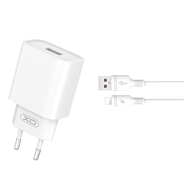 XO sienas lādētājs CE02D QC 3.0 18W 1x USB balts + Lightning kabelis