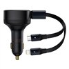 „Baseus“ automobilinis įkroviklis „Enjoyment“ su ištraukiamu 2w1 30W juodos spalvos įkrovikliu, 1x USB-C ir 1x „Lightning“ jungt
