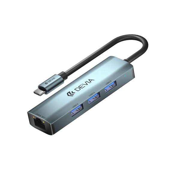 Devia adapteris HUB 4in1 EC621 USB-C 3.1 į 3x USB 3.0 + RJ45 tamsiai pilkas