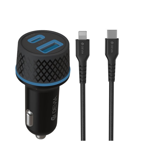 Devia automašīnas lādētājs Extreme PD QC 1x USB-C 1x USB 52,5W melns + USB-C - Lightning kabelis