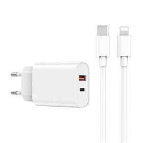 WIWU sieninis įkroviklis Wi-U002 PD + QC 20W 1x USB 1x USB-C baltas + laidas USB-C - Lightning
