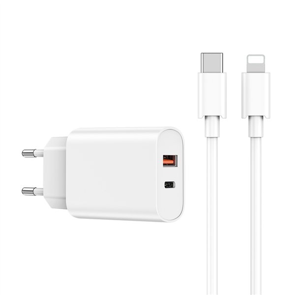 WIWU seinälaturi Wi-U002 PD + QC 20W 1x USB 1x USB-C valkoinen + USB-C-kaapeli - Lightning