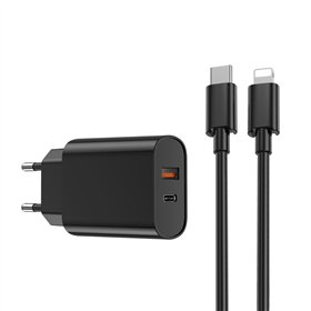 WIWU sienas lādētājs Wi-U002 PD + QC 20W 1x USB 1x USB-C melns + kabelis USB-C - Lightning
