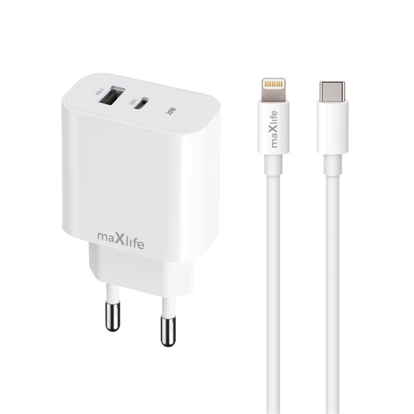 Зарядное устройство Maxlife MXTC-06-20AC PD QC 1x USB-C 1x USB 20 Вт белое + кабель USB-C - Lightning 20 Вт