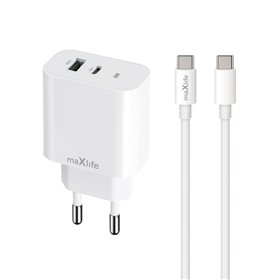 „Maxlife MXTC-06-30AC PD QC“ įkroviklis, 1x USB-C, 1x USB 30W, baltas + USB-C - USB-C laidas, 60W