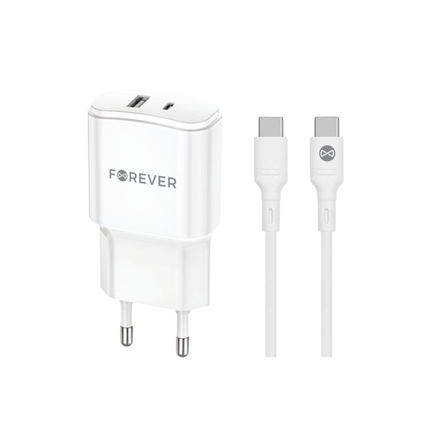 Forever TC-01-20AC PD QC laturi 1x USB-C 1x USB 20W valkoinen + USB-C - USB-C kaapeli 20W