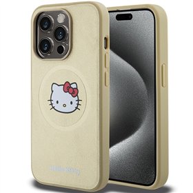 Чехол Hello Kitty для iPhone 15 Pro Max 6,7" золотистый, жёсткий, кожаный, с изображением головы котёнка, MagSafe