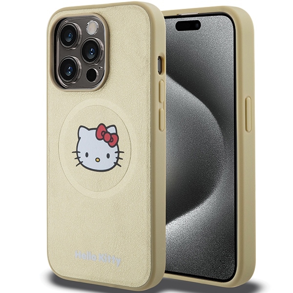 Hello Kitty maciņš iPhone 15 Pro Max 6,7" zelta krāsā, ciets apvalks, ādas Kitty galvas aizsargs, MagSafe aizsargs