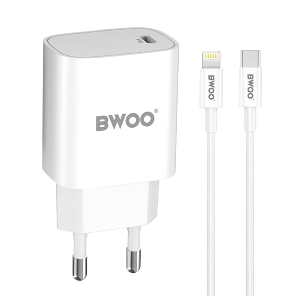 BWOO CDA159 PD wall charger 1x USB-C port + Lightning 20W white