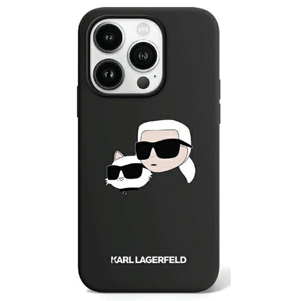Karl Lagerfeld -suojakuori iPhone 15 Pro Max 6,7":lle KLHMP15XSKCHPPLK musta HC Magsafe -silikoni, jossa kaksi kuorenpäätä.