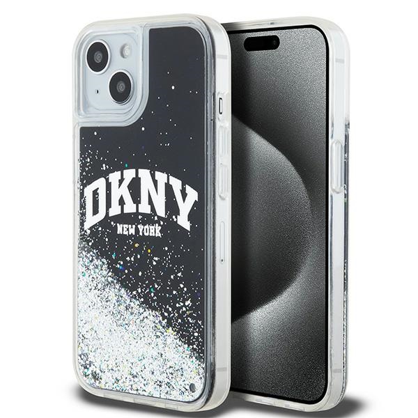 DKNY-kotelo iPhone 15 Plus 6,7":lle DKHCP15MLBNAEK mustat nestekimalteet ja kaarilogo.