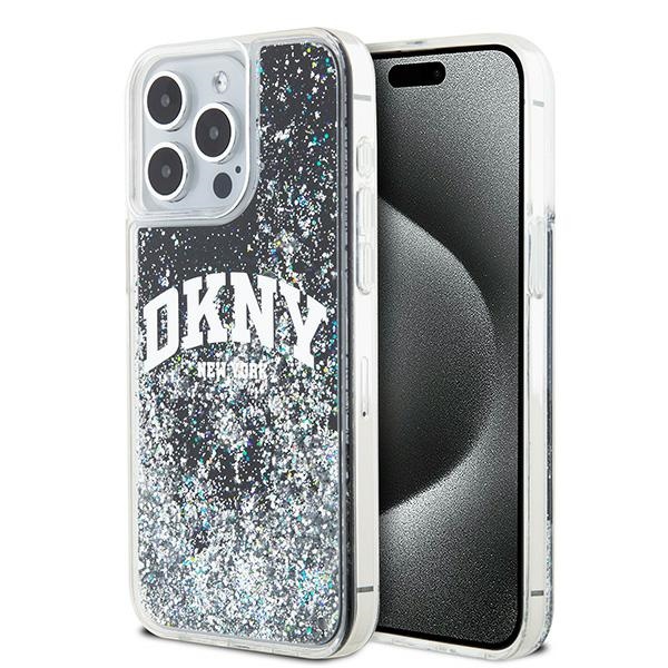 DKNY-kotelo iPhone 15 Pro Max 6,7":lle DKHCP15XLBNAEK mustat nestekimalleilla ja kaarilogolla.