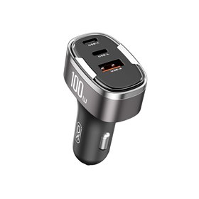 XO automašīnas lādētājs CC61 PD QC 3.0 100W 1x USB 1x USB-C 1x Lightning pelēks