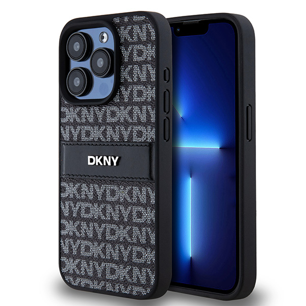 DKNY-suojakuori iPhone 15 Pro Max 6,7":lle DKHCP15XPRTHSLK musta HC PU -kuvioitu toistuva tekstuurikuvio sävyraidalla