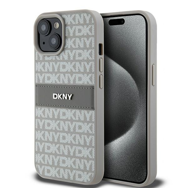 DKNY iPhone 15 Plus 6,7" -puhelimen kuori DKHCP15MPRTHSLE, beige HC PU -kuvioitu toistuva kuvio ja sävyinen raita.
