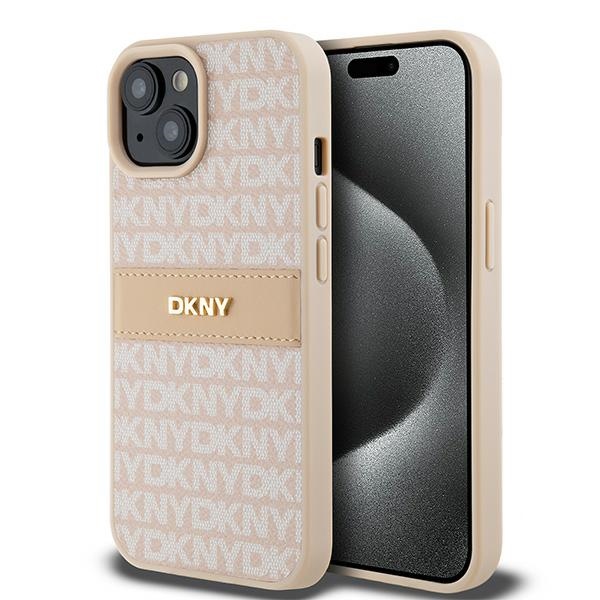 DKNY dėklas, skirtas iPhone 15 6,1 colio, DKHCP15SPRTHSLP, rožinis, HC PU, pasikartojantis tekstūros raštas su tonine juostele.