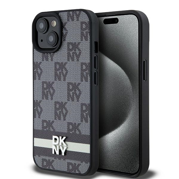 DKNY maciņš iPhone 15 Plus 6,7" DKHCP15MPCPTSSK melns HC PU rūtainais raksts ar apdrukātām svītrām